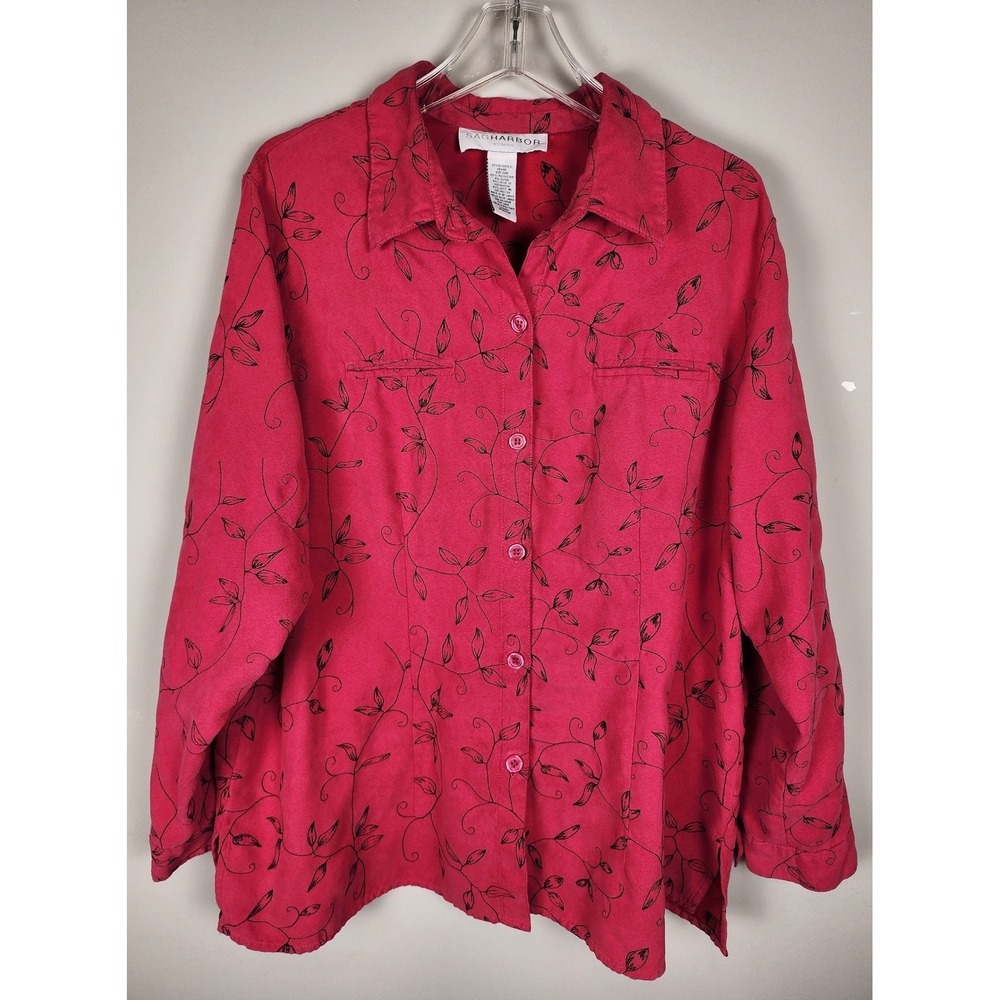 Sag‎ Harbor Womens Red & Black Floral Print Button Front Shirt Size 20W Layering